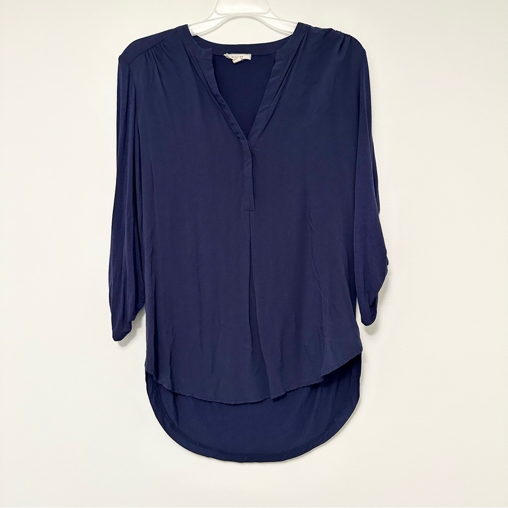Pleione Navy Blue V-Neck Relaxed Blouse Women's Size Small Long Sleeve Button